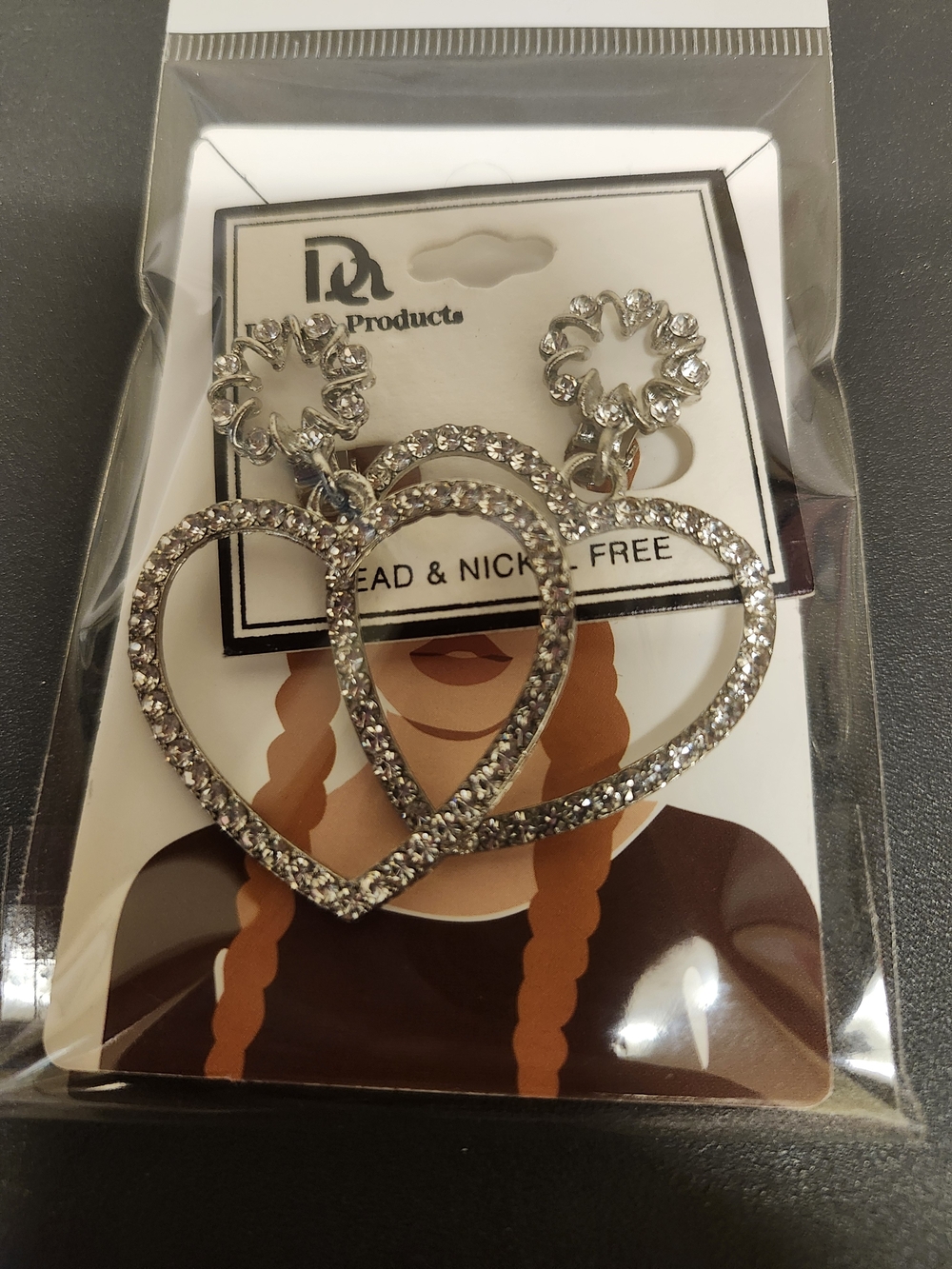 Silver Crystal Double Heart Drop Earrings by
